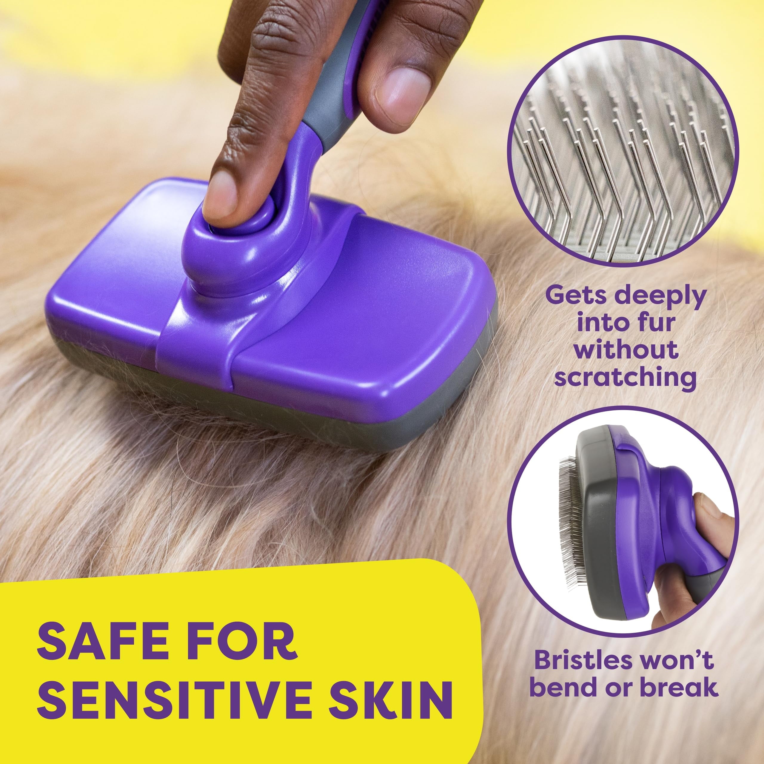 Self Cleaning Slicker Brush for Dogs and Cats - Pet Hair Brush for Shedding Long and Short Hair - Easy Clean Retractable Bristles - Cat and Dog Grooming Tool - Purple