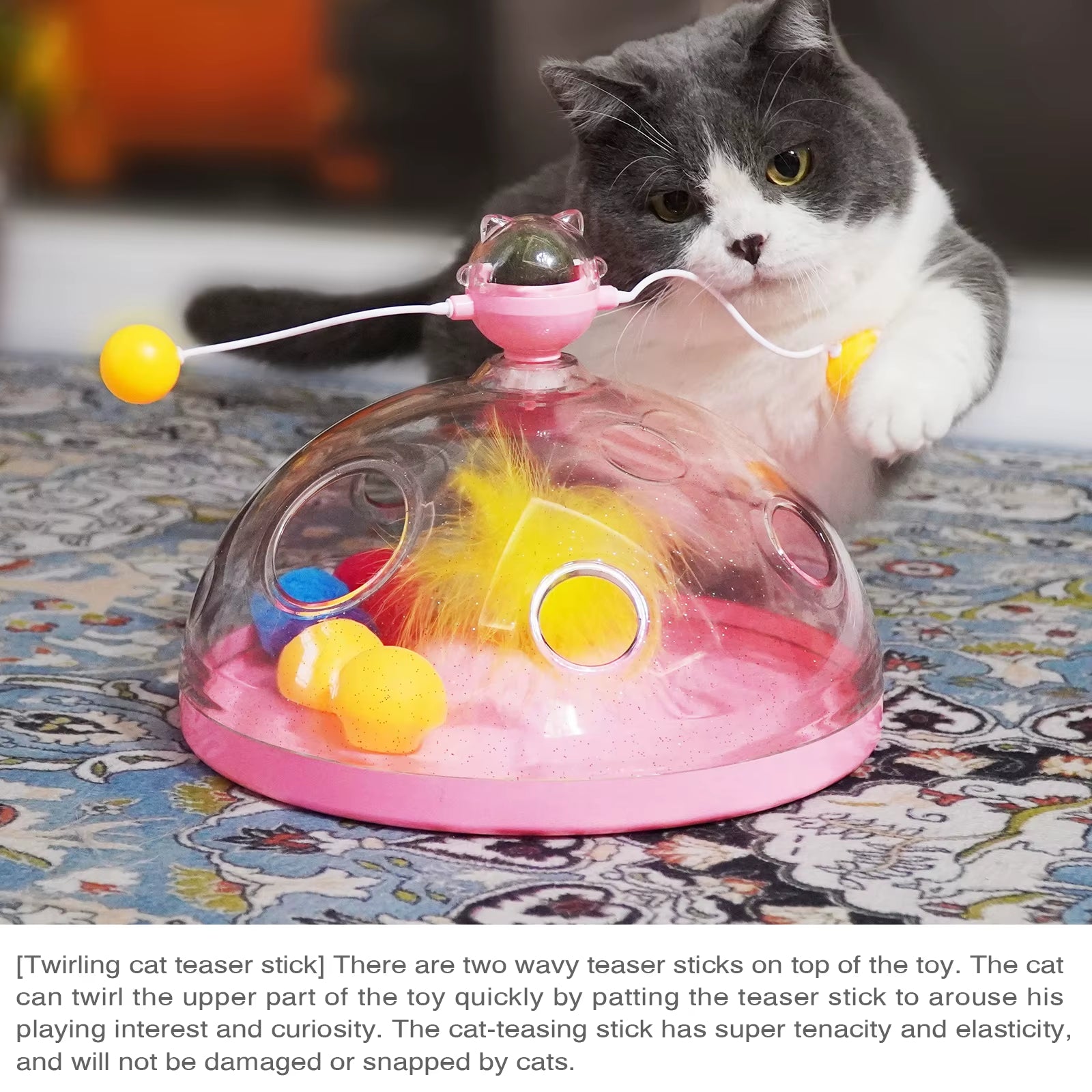 Cat Puzzle Toys Indoor for Kitten Interactive Games Spinning Track Balls & Feather Teaser Toy Stimulation Brain Treasure Chest
