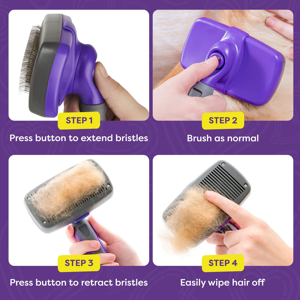 Self Cleaning Slicker Brush for Dogs and Cats - Pet Hair Brush for Shedding Long and Short Hair - Easy Clean Retractable Bristles - Cat and Dog Grooming Tool - Purple