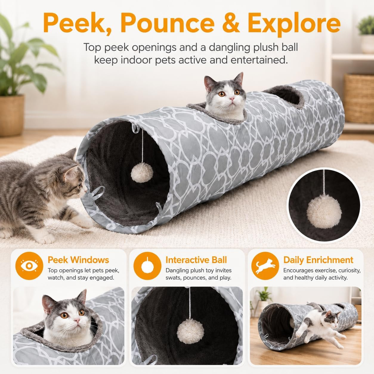 Geometric Straight Cat Tunnel with Plush Inside,Cats Toys Collapsible Tunnel Tube with Balls, for Rabbits, Kittens, Ferrets,Puppy, Diameter 9.8 Inch