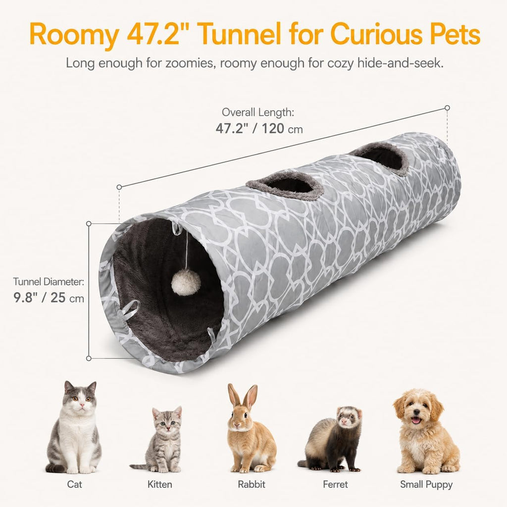 Geometric Straight Cat Tunnel with Plush Inside,Cats Toys Collapsible Tunnel Tube with Balls, for Rabbits, Kittens, Ferrets,Puppy, Diameter 9.8 Inch