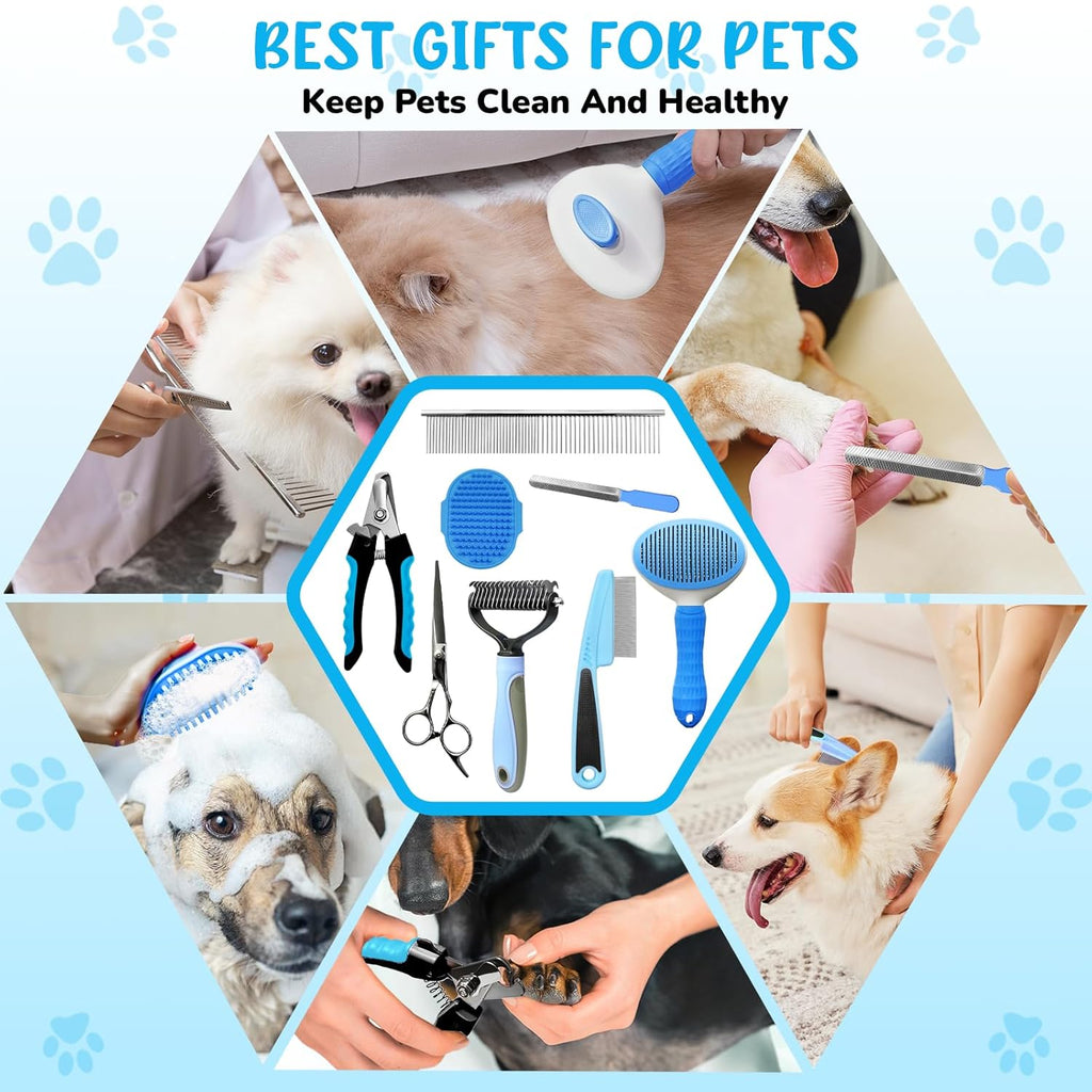 Dog Brush & Grooming Kit – 9-Piece Pet Brush & Deshedding Set for Shedding, Bathing, Trimming & Nail Care | Grooming Tools for Dogs & Cats, Includes Comb, Nail Clipper, Scissors, Slicker Brush (Blue)