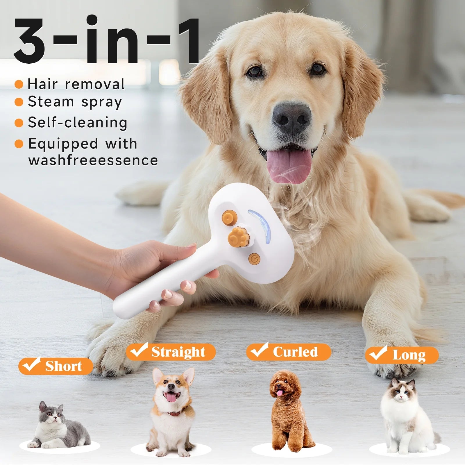 3-In-1 Pet Steam Brush Set for Dogs & Cats, Grooming Comb with Spray, Defur Tool, Water-Assisted Hair Removal, Spritz Brush, Multi-Purpose Kit, Undercoat Rake, Deshedding Brushes, Dematting Brush.