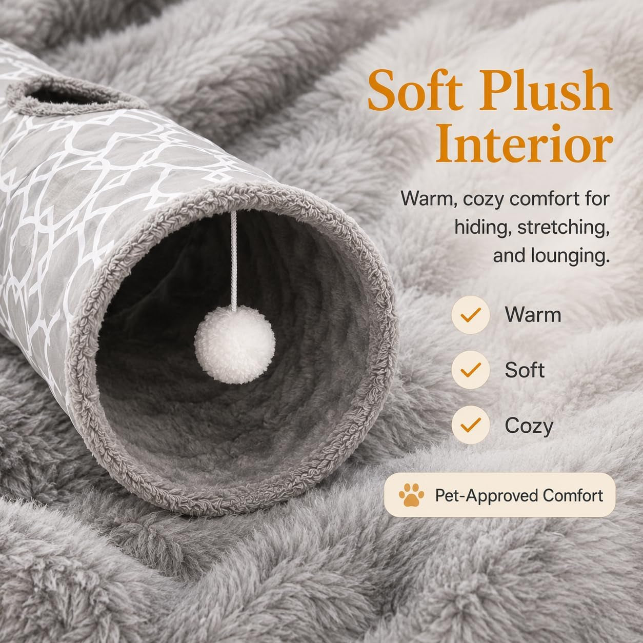 Geometric Straight Cat Tunnel with Plush Inside,Cats Toys Collapsible Tunnel Tube with Balls, for Rabbits, Kittens, Ferrets,Puppy, Diameter 9.8 Inch