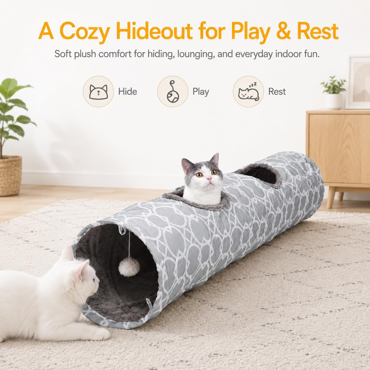 Geometric Straight Cat Tunnel with Plush Inside,Cats Toys Collapsible Tunnel Tube with Balls, for Rabbits, Kittens, Ferrets,Puppy, Diameter 9.8 Inch