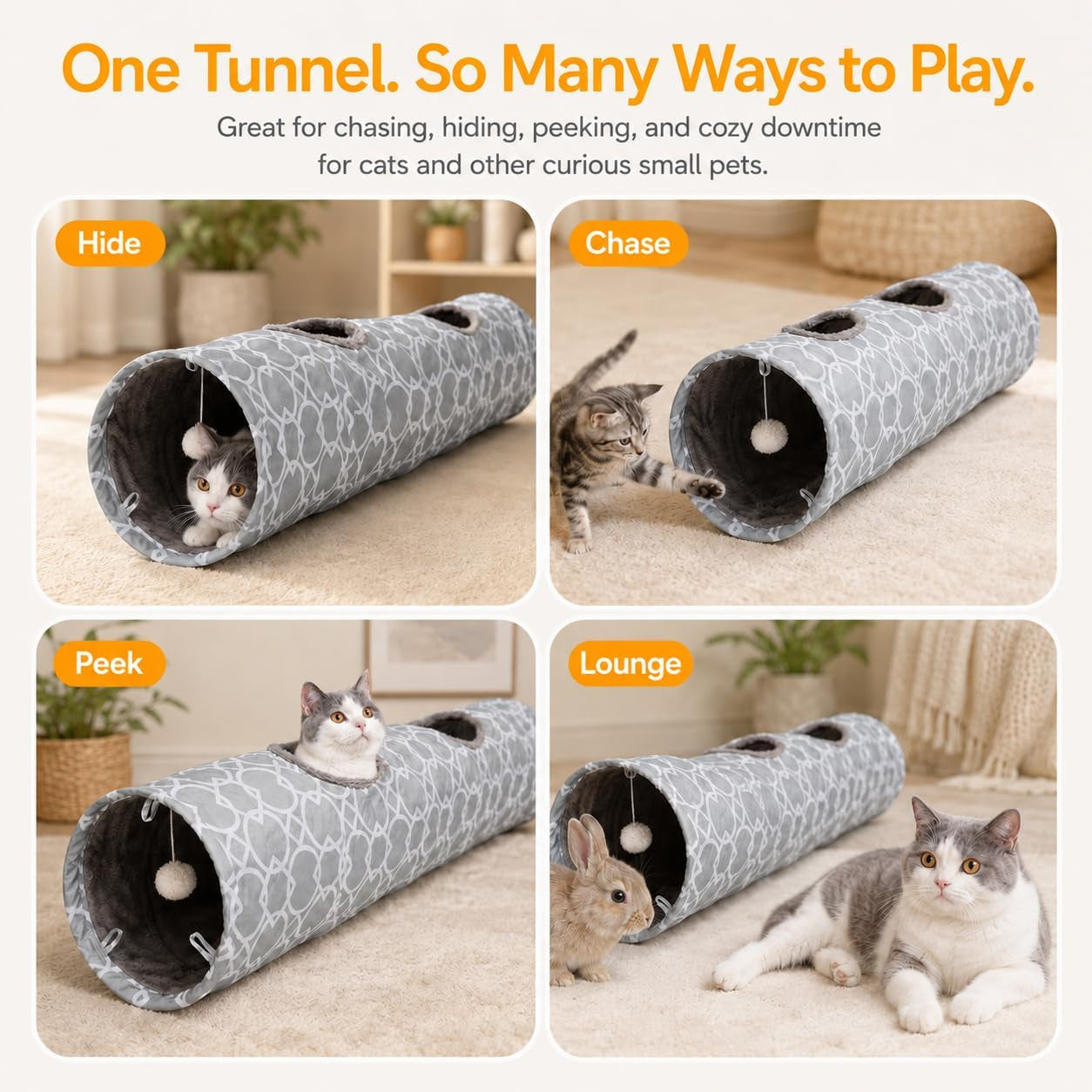 Geometric Straight Cat Tunnel with Plush Inside,Cats Toys Collapsible Tunnel Tube with Balls, for Rabbits, Kittens, Ferrets,Puppy, Diameter 9.8 Inch
