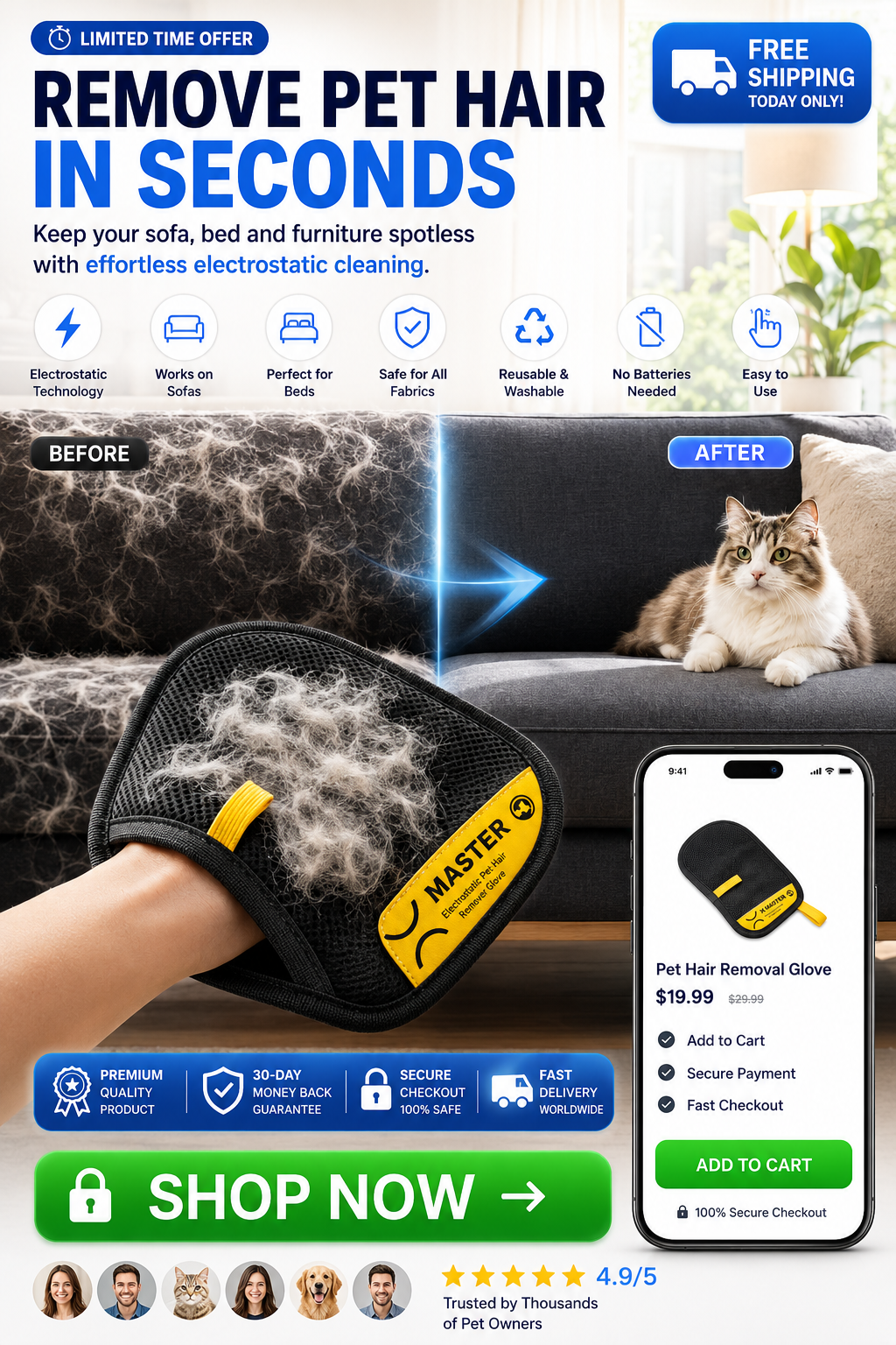 Pet Hair Remover Gloves Electrostatic for Cats Dogs