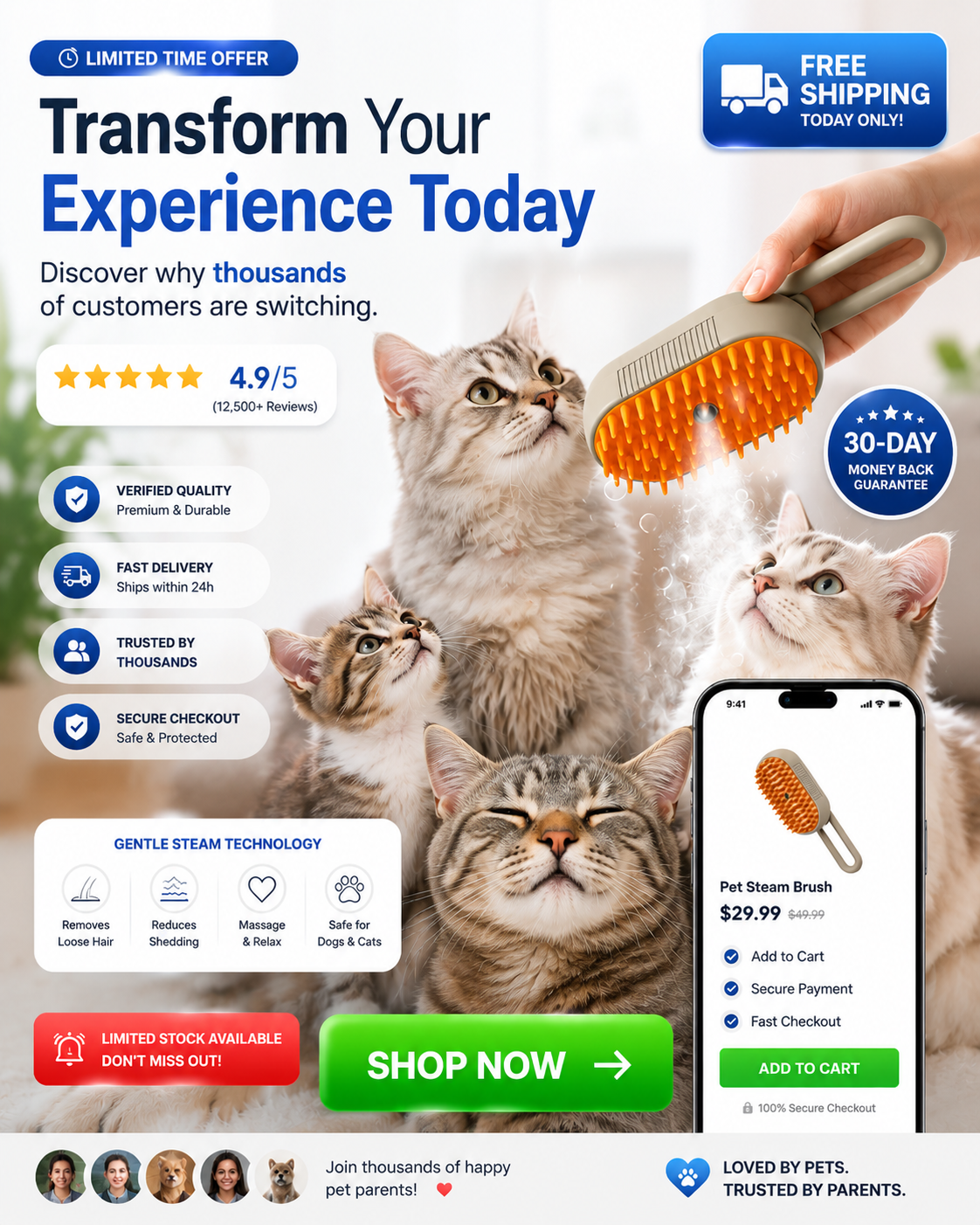 Cat Steam Brush for Shedding - USB Rechargeable