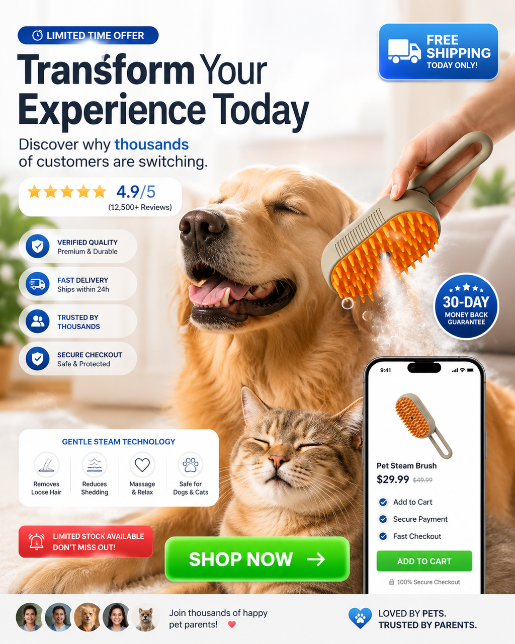 Dog Cat Steamy Brush Spray Massage 3 In1 Rechargeable